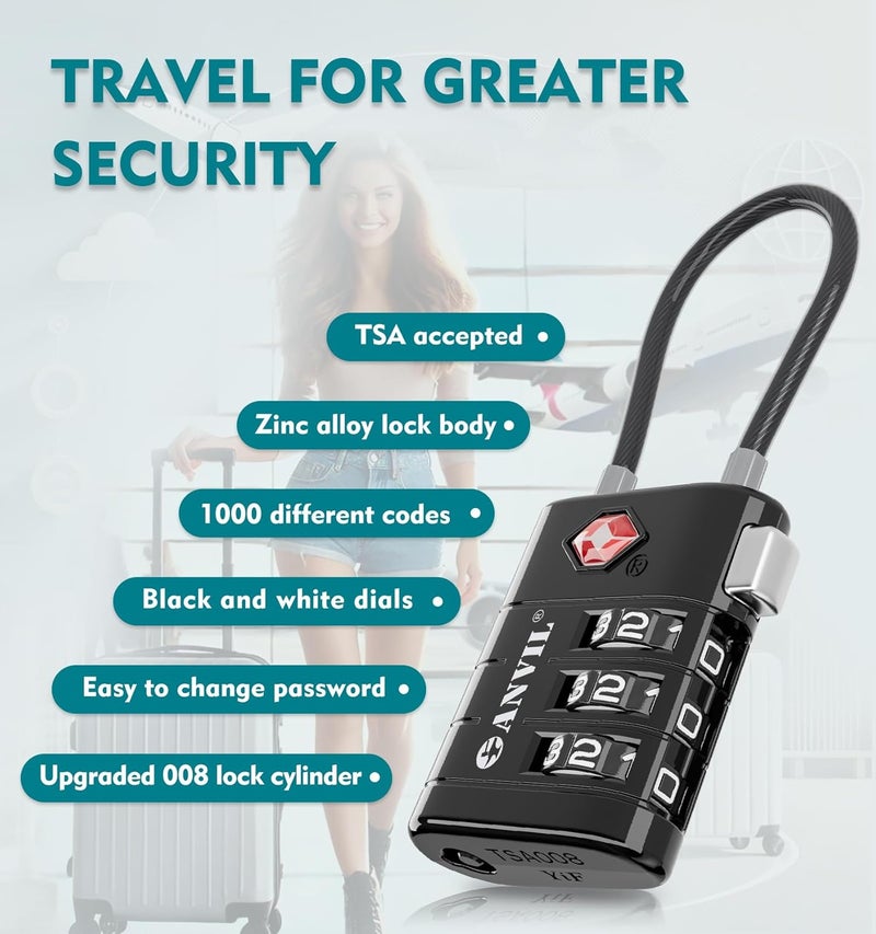 Anvil TSA Approved Luggage Locks – High Security TSA008 Combination Travel Locks with Inspection Indicator for Suitcases and Backpacks. (3, Black) - Image 5